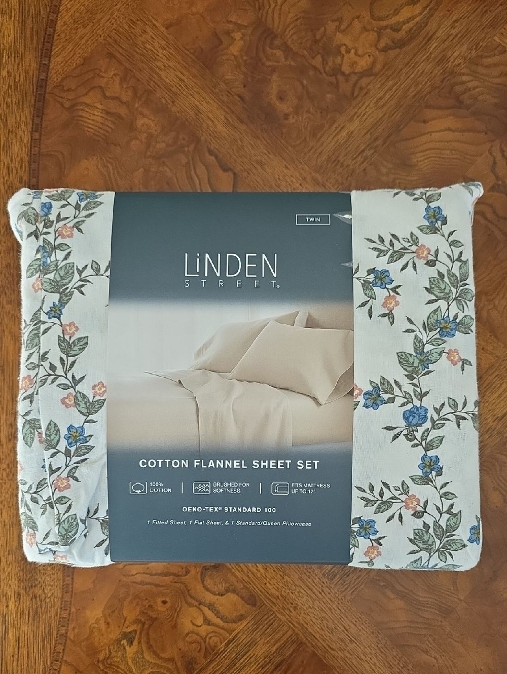 Linden Street Cotton Flannel TWIN Sheet Set Floral Vines - White Blue Green -NEW